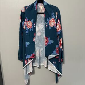 Matilda Jane Cozy Days Open Front Cardigan Medium Floral Teal Sweater Spring